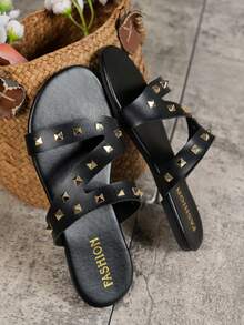 1 đôi sandal thời trang nữ, kiểu dáng chữ Z với đinh tán rỗng trang trí, thoải mái, thoáng khí, mũi tròn, thích hợp cho đi biển, nghỉ lễ, dự tiệc và mặc hàng ngày. - màu đen - Xem 6