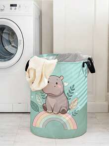 1 pezzo Cesto di stoccaggio pieghevole e rotondo con stampa di animali dei cartoni animati e manico, contenitore di stoccaggio multifunzionale per bagno, camera da letto, lavanderia, giocattoli, articoli per la casa, cesto per biancheria sporca pieghevole