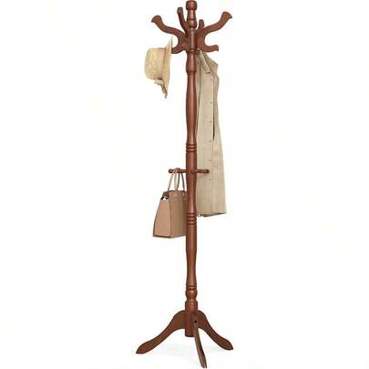 Free Standing Coat Rack With 11 Hooks Wooden Hall Tree With Solid Rubberwood Base For Hat Clothes Scarves Handbags Umbrella - Dark Walnut URCR05WN