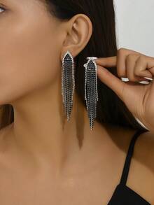 女士银色水钻流苏长耳环 - 派对晚礼服首饰