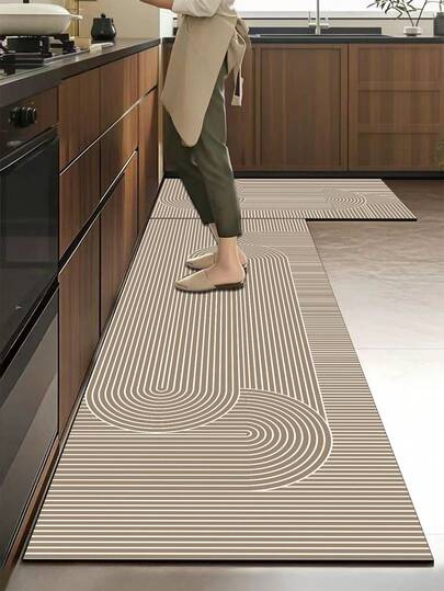 1pc Silica Gel Kitchen Mat With Abstract Geometric Pattern In White Lines, Including Arcs And Circles, Presenting A Minimalist Japanese Wabi-Sabi Style, Luxury Fashion Kitchen Mat With Cushion And Anti-Fatigue, Surface Fabric Material, Middle Sponge Absorbent Material, Bottom Rubber Material Non-Slip And Easy To Clean Kitchen Rug