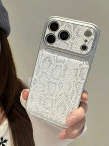 1pc Stylish Advanced White Crocodile Texture Artificial Leather Silver Border Phone Cover Case Compatible With IPhone 17 16Plus 15Pro 14 17Pro Max - White - View 3