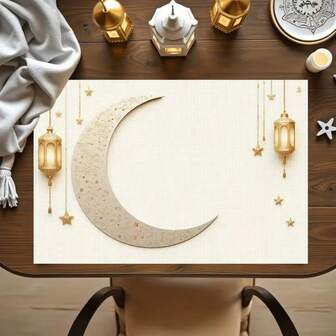 4 قطع من بطانات الطاولة ذات موضوع رمضان، مزينة بأشكال الهلال والفوانيس. مناسبة للتجمعات والطعام وديكورات العطلات. الحجم: 30 * 45 سم، مناسبة لديكور المنزل وديكور طاولة العطلات والديكور الريفي للعطلات، مصنوعة من مواد قابلة للغسل وعالية الجودة، ديكور طاولة العطلات وترفيه المنزل.