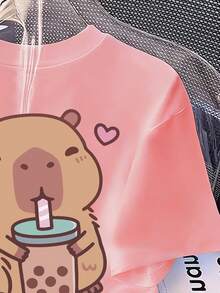 少女休闲卡通印花短袖T恤，夏季 - 粉色 - 查看 6