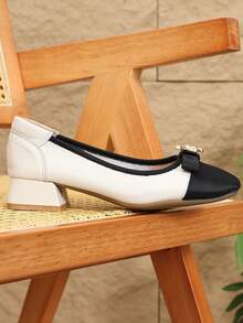 Zapatos de tacón grueso y punta cuadrada para mujer, nuevos zapatos de estilo vintage con lazo francés y color contrastante para la primavera/otoño 2025, tallas grandes del 35 al 43 - Beis - Ver 4