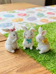 3pcs Cute Easter Bunny Figurines - White Resin Rabbit Statue Decorated With Soft Bow (See No Evil, Hear No Evil, Speak No Evil) - Adorable Spring Home Decor, Suitable For Tabletop, Shelf, Kitchen Or Living Room - Rustic Style Easter Holiday Gift - Multicolor - View 2