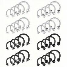 32件装18G马蹄形穿孔饰品，男女通用，多种尺寸可选，包括鼻环、鼻中隔环、眉环、唇环等。医用钢材质，可用于穿孔、眉环、唇环等。 - 銀色黑色鼻環 - 查看 1