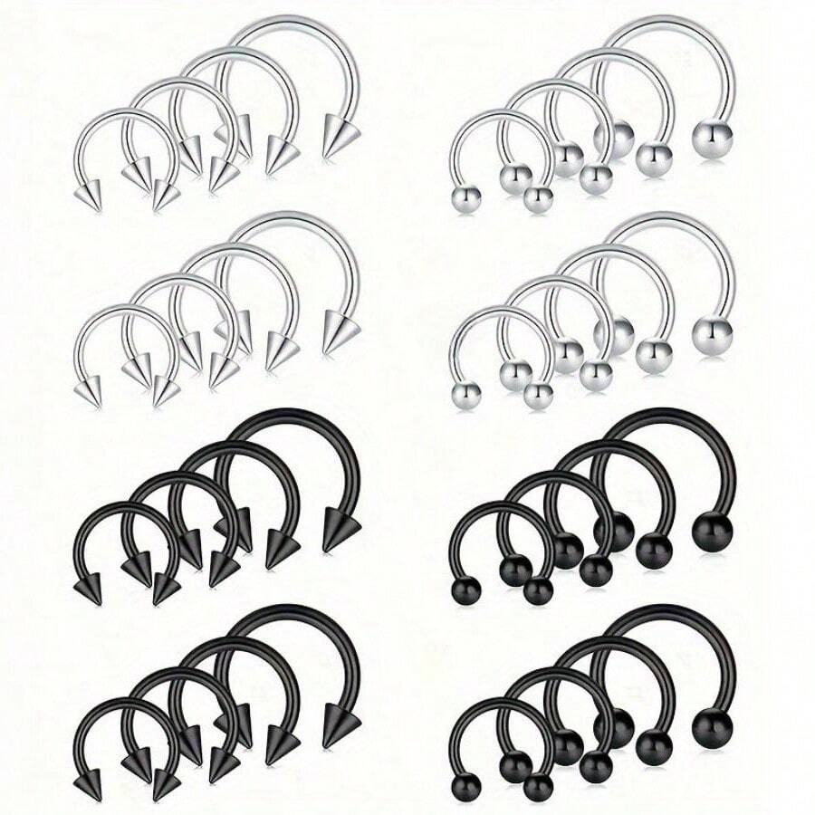 32件装18G马蹄形穿孔饰品，男女通用，多种尺寸可选，包括鼻环、鼻中隔环、眉环、唇环等。医用钢材质，可用于穿孔、眉环、唇环等。 - 銀色黑色鼻環 - 查看 1
