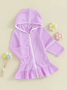 Kids Toddler Little Girl Swim Cover Up Terry Zip-Up Hooded Beach Bathing Suit Swimsuit Wraps Zipper Coverup Dress - 紫色 - 查看 2
