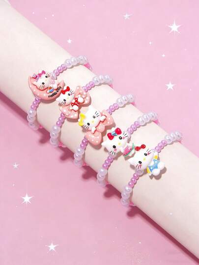 5pcs/Set Sanrio Girls Cute Moon Bow Hello Kitty Pendant Beaded Bracelet Wristband Jewelry Set, Suitable For Holiday Party, School, Birthday Gift For Girls