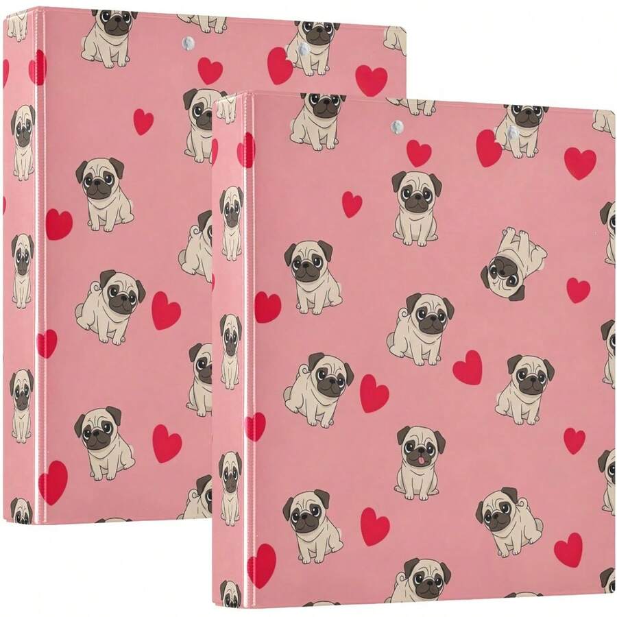 Carpeta de 3 anillos impresa de 1.5 pulgadas, carpeta de anillos en D con bolsillos, carpetas decorativas para la escuela universitaria u oficina, lindos pugs de dibujos animados con corazones rojos - talla únicax2 - Ver 1