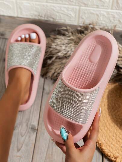 Women's Round Toe Casual Slip-On Sandals, Rhinestone Embellished, Versatile For Outdoor, Home, Beach, Bathroom Wear, Spring/Summer