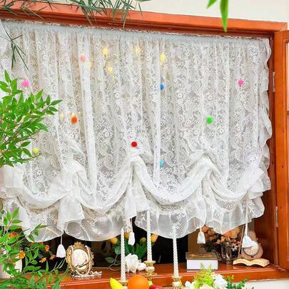 1pc Adjustable Peacock Embroidered Tulle Curtain With Colorful Pom Poms