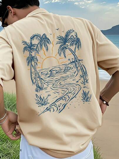 男士度假风海岛元素印花短袖T恤，舒适透气，夏季必备