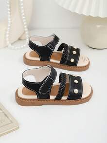 1 Pair Black Soft Leather Toddler/Little Girls' Flat Sandals With Pearl Woven Strap, Hook And Loop Design, Round Toe, Non-Slip Soft Sole, Casual Style, Suitable For 3-15 Years Old Girls, Spring/Summer - Black - View 7