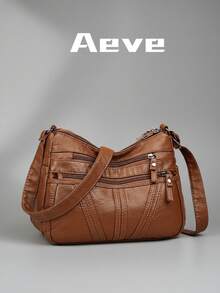 女士纯色多口袋拉链斜挎包，加固缝线，柔软PU皮革，可调节肩带，街头时尚妈妈包，户外便携轻巧单肩包，适合购物、旅行、携带零钱、手机、商务及日常用品。 - 棕色 - 查看 9