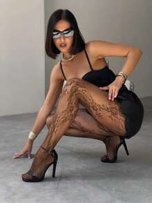 1双女士花卉蕾丝连裤袜/长筒袜，渔网袜，高腰显瘦紧身款，大码，适合各种场合 - 棕色花簇 - 查看 3