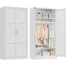 71 H Metal Wardrobe Cabinets With 2 Doors Large Clothing Storage Cabinets With Hanging Rod And Adjustable Shees Closet For Home Living/Laundry Room White - 白色 - 查看 1