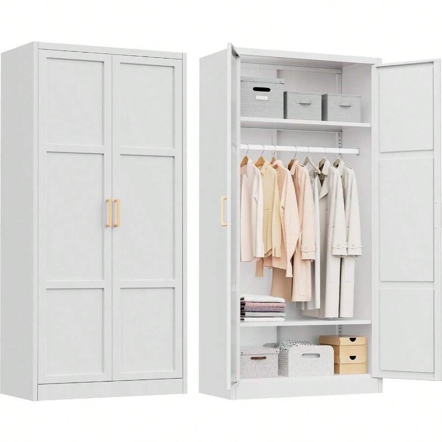 71 H Metal Wardrobe Cabinets With 2 Doors Large Clothing Storage Cabinets With Hanging Rod And Adjustable Shees Closet For Home Living/Laundry Room White - 白色 - 查看 1