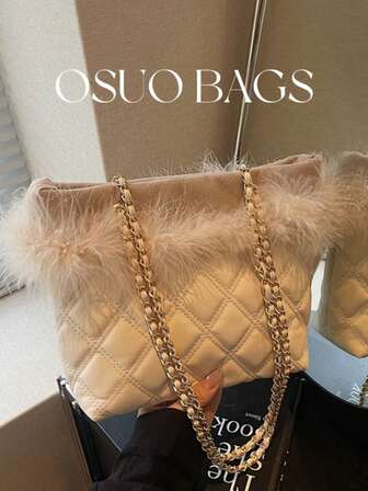 1 st. lapptäcke enfärgat PU-läder, quiltat diamantmönster, enaxlad hinkväska, söt fuskpälskant, avslappnad mångsidig axelväska med kedja