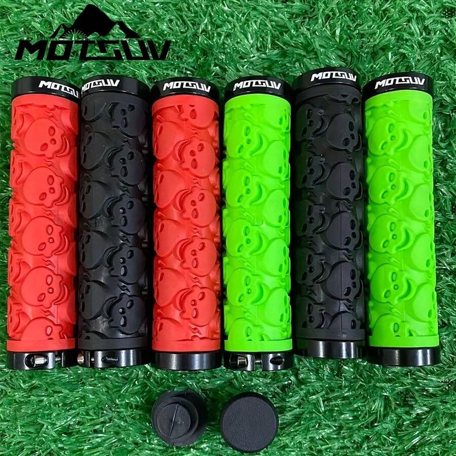 1 Pair Motorcycle/Bicycle/Scooter Handlebar Grips, Heavy-Duty Skull Lock Design, Multi-Color (Red/Green/Black), Sliding Handlebar End Caps With Locking Mechanism, Suitable For Motorcycle, ATV, Folding Bike, Bicycle Accessories, Motorcycle Accessories - Multicolor - View 1