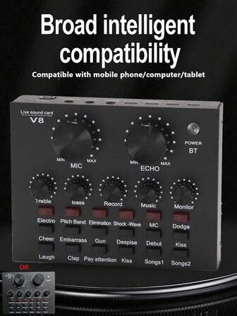 YAIUZGOO V8声卡，音频声卡，KTV直播声卡适配器，适用于双机KTV直播语音聊天，外置声卡，适用于手机和电脑（颜色：黑色/白色）