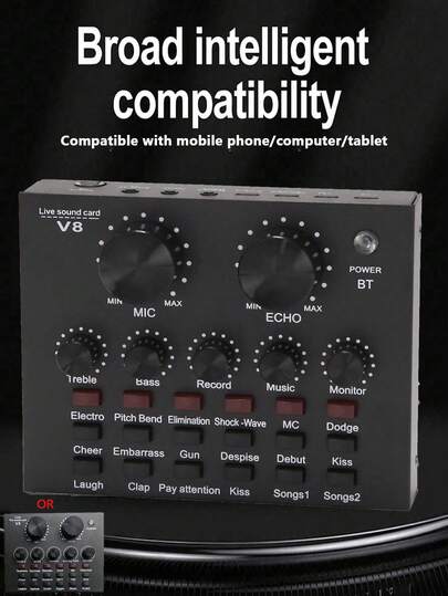 YAIUZGOO بطاقة صوت V8، بطاقة صوت صوتية، محول بطاقة صوت ل- KTV المباشر، مناسب لدردشة الصوت المباشر ل- KTV على هاتفين، بطاقة صوت خارجية، قابلة للتطبيق على الهاتف المحمول والكمبيوتر (اللون: أسود/أبيض)