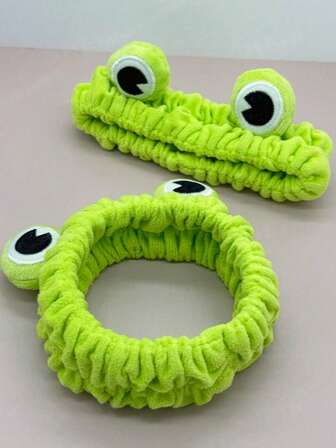 Conjunto de accesorios para el cabello y maquillaje con diseño de ojos de rana, incluye: Cinta para el cabello de terciopelo coral, Máscara facial desmaquillante de franela, Diadema de moda divertida para mujeres