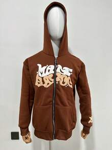 Retro Star And Letter Printed Zipper Hoodies 2025 Spring Autumn Harajuku Y2K Women And Men Fashion Hip Hop Long Sleeve Hooded Avant-Garde - Street Casual Spring/Fall Loose Zipper Pocket Patched - 棕色 - 查看 7