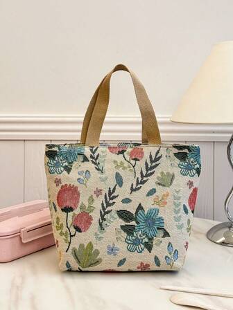 Portable Insulated Lunch Bag Thickened Cute Lunch Fruit Bag For Students Asymmetrical Floral Print Lunch Bag