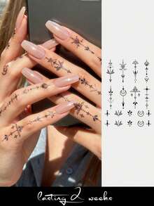 STARTTOOS 防水半永久纹身，极简手部纹身，极简叶子设计，斋月临时纹身，防水，仿真纹身，植物纹身，手指纹身，魔法纹身，持续1-2周，女士纹身 - 藍色 - 查看 1