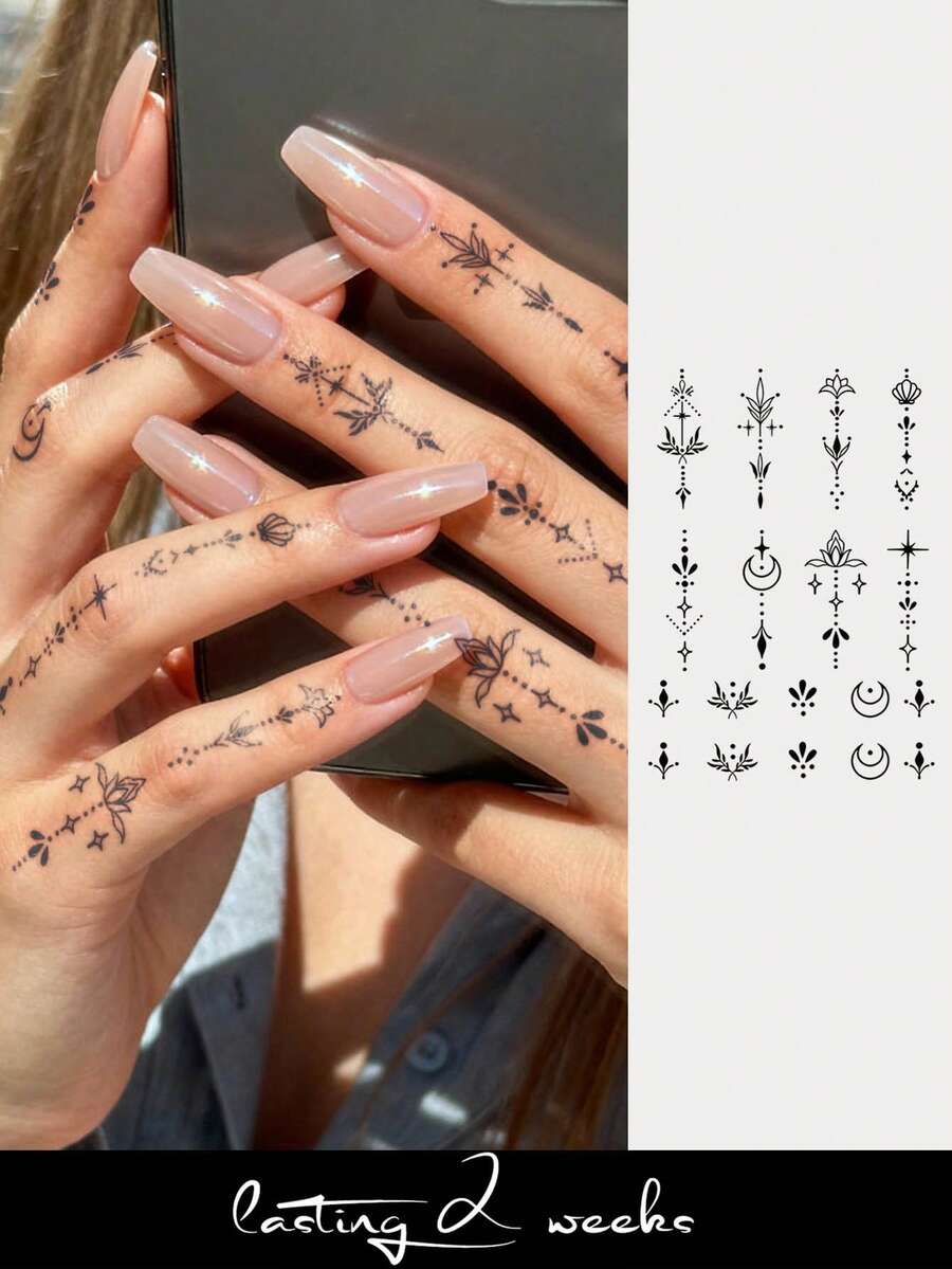 STARTTOOS 防水半永久纹身，极简手部纹身，极简叶子设计，斋月临时纹身，防水，仿真纹身，植物纹身，手指纹身，魔法纹身，持续1-2周，女士纹身 - 藍色 - 查看 1