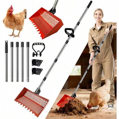 Scoop 22 To 75"  Rake And Scoop With Grip 5 Section Extra Long Handle Chicken Pooper Scooper For Sand Metal Chicken Cleaning Tools Livestock Rake (12 Inch Orange)