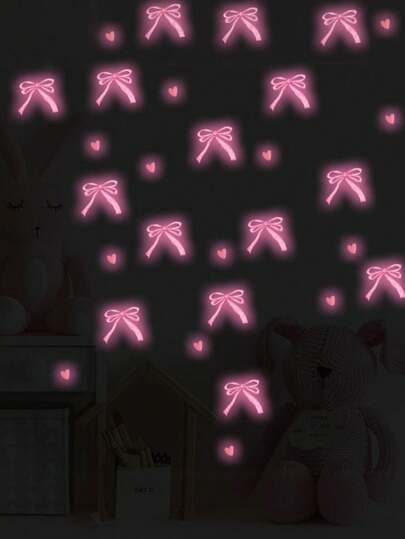 Glow-In-The-Dark Pink Bow Heart Wall Stickers - Self-Adhesive Removable Decals With Luminous Effect, Easy To Peel And Stick, Suitable For Girls' Room, Dorm, Living Room - Cute Boho Style Decorative Lights, Dorm Decor, Durable Plastic