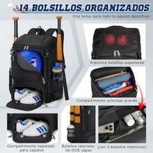 RAINSMORE Mochila Béisbol Hombre Ligera para Softball con Doble Almacenamiento de Cascos, Compartimento de Zapatos y Gancho para Valla Mochilas de Béisbol para Equipamiento y Viajes Adultos y Jóvenes - NEGRO - Ver 3