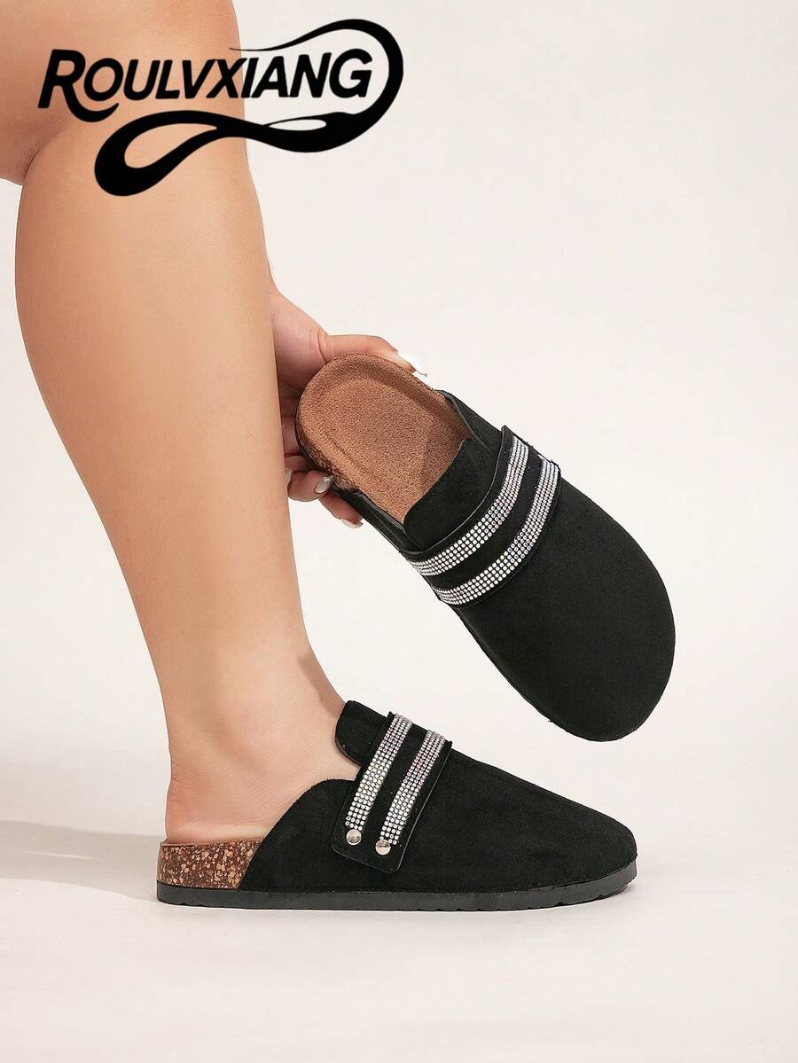 roulvxiang Sandálias e chinelos de noiva em estilo boêmio com textura de cortiça macia, perfeitos para o outono/inverno e para o dia a dia. - Preto Grafite - Ver 1