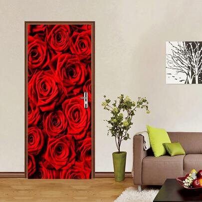 1 Set Red Rose Pattern Decorative Wall Stickers, Self-Adhesive Vinyl Art Decals For Home Decor, Suitable For Living Room, Bedroom, Door, Kitchen, Bathroom