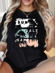 Ideal para ocasiones informales. Camiseta de mujer con cuello redondo y mangas cortas, estampado divertido. Camiseta con gráfico de palmeras, sol, sal y arena para mujer, estilo casual de verano, corte holgado, color negro. Adecuada para el Día de San Valentín, fiestas de Navidad, actividades deportivas, fiestas de vacaciones, salidas, deportes y otros regalos festivos (220g). Diseñado para satisfacer las necesidades de moda de las mujeres contemporáneas, ofreciendo una solución elegante para un vestuario diario cómodo y a la moda. - Negro - Ver 4