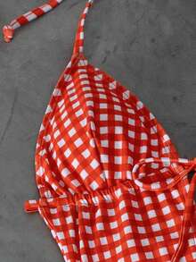 PEPPERMOLLY 2026 Spring/Summer New Vintage Red Plaid Lace-Up One-Piece Swimsuit - Ruched Bust Design, Sexy Fitted, Suitable For Beach And Pool Wear - Red - View 10