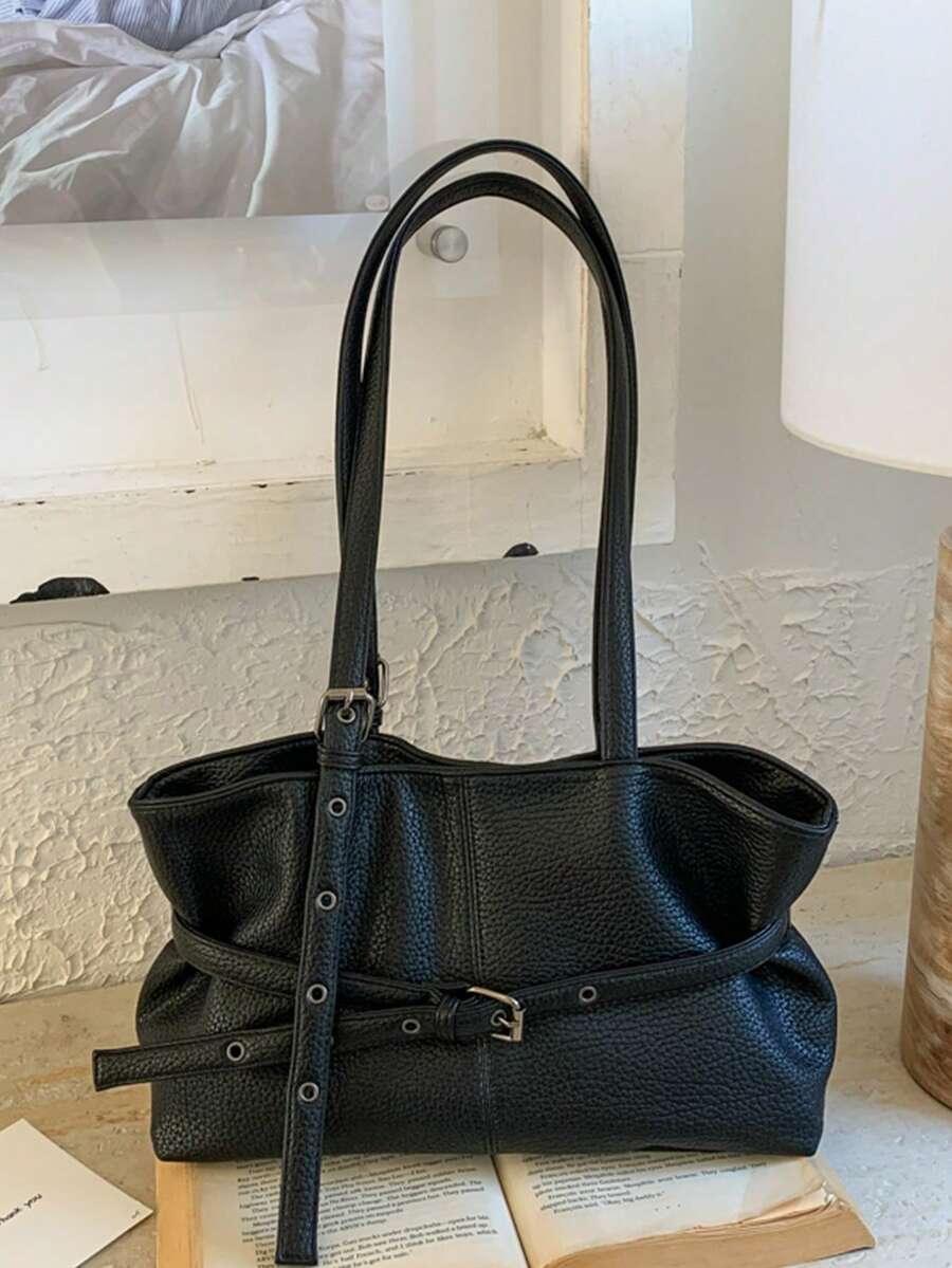 1 Stück modische vielseitige Boston Tasche mit großer Kapazität, Damen lässige einfarbige PU-Leder Patchwork Umhängetasche, geeignet für Schule, Arbeit, Einkaufen, Weihnachtsgeschenk - Schwarz - Übersicht 1