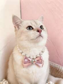 Kalung Mutiara untuk Hewan Peliharaan Kecil - Gaya Putri Versi Korea dengan Pita Hati Merah Muda, Cocok untuk Kucing dan Anjing - MultiWarna - View 3