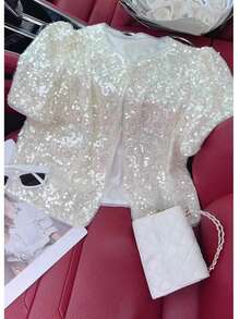 女士时尚亮片装饰短袖外套，闪亮亮片细节，常规版型梭织上衣，春季款 - 杏色 - 查看 7