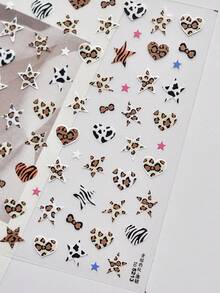 1 pieza Lindo y elegante adhesivo de arte de uñas con estampado de leopardo, esencial para técnicos de uñas, diseño 3D en relieve con estampado de leopardo rosa, azul y marrón, corazón y lazo, adhesivo de uña reutilizable para manualidades DIY, regalo para mujeres, suministros de arte de uñas, accesorio elegante - Multicolor - Ver 11