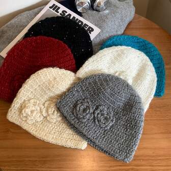 1개 3D 플로럴 스팽글 니트 비니 모자, 따뜻한 겨울 액세서리, 패셔너블 캐주얼 스타일