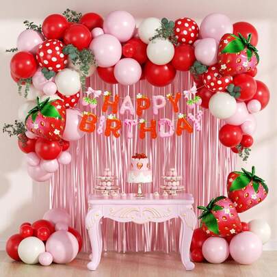 51pcs Strawberry Themed Birthday Party Decorations, Including Pink, Red, Beige And White Balloons, Suitable For Strawberry Themed Baby's First Birthday Party, Gender Reveal Party And Christening Decorations.