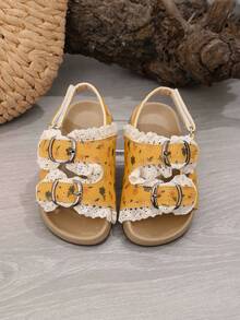 1 Pair Girls Ditsy Floral Open Toe Beach/Princess Sandals, Summer - Orange - View 2