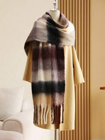 1 st. 38*240 cm rutig halsduk i plusstorlek, mjuk och varm halsduk/sjal, unisex collegestil, lämplig för höst/vinter