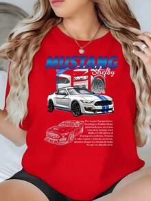 Mustang Shelby GT500 Sports Car On An Urban Background Conveying Speed, Power And Spirit Of Freedom. Women's T-Shirt, 100% Cotton - 紅色 - 查看 8