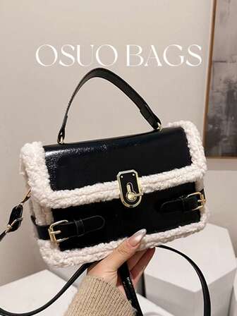 1个迷你拼接PU皮革可爱毛绒饰边翻盖磁扣小方肩包