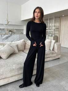 2pcs/Set Women Milk Silk Pajama Set, Soft Comfortable Elastic Sleepwear, Suitable For Spring, Autumn And Winter - Black - View 4